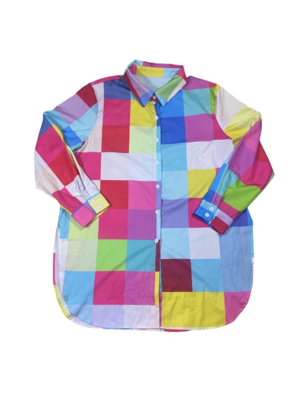 SHEIN Blouse Women's XXL Multicolor Colorblock Grid Button Down Oversized Tunic
